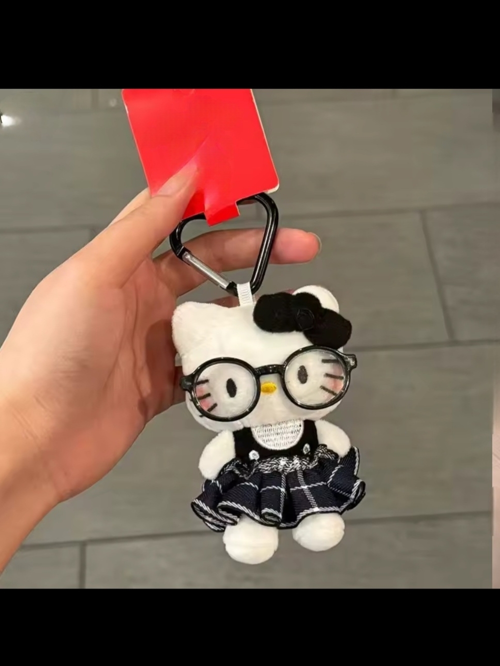 Cute White Kitty Keychain with Glasses and Plaid Skirt